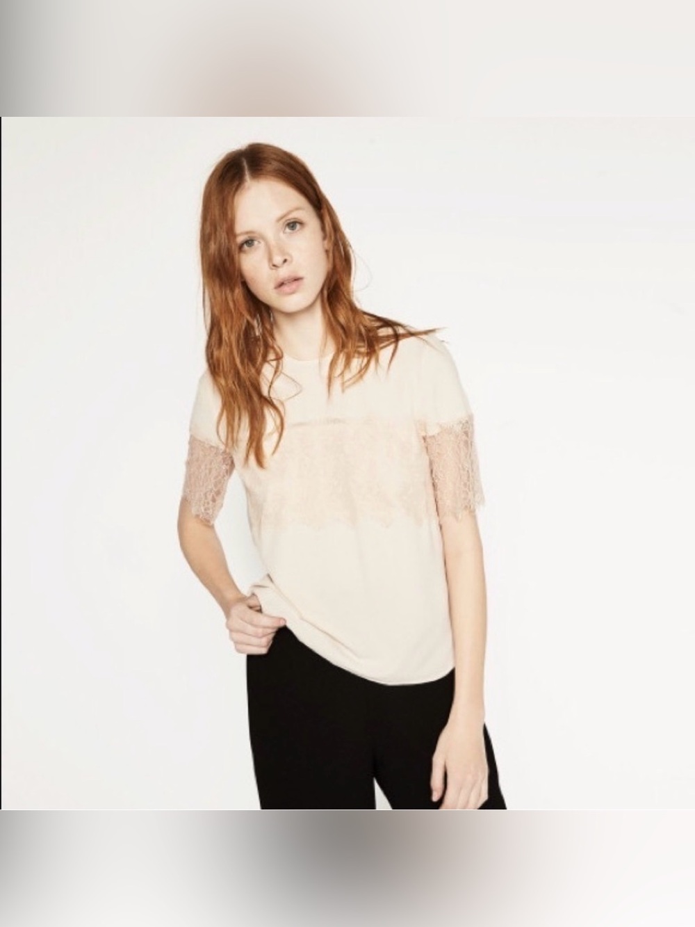 Zara Women’s  Beige Top with Lace Sleeves Sz Small